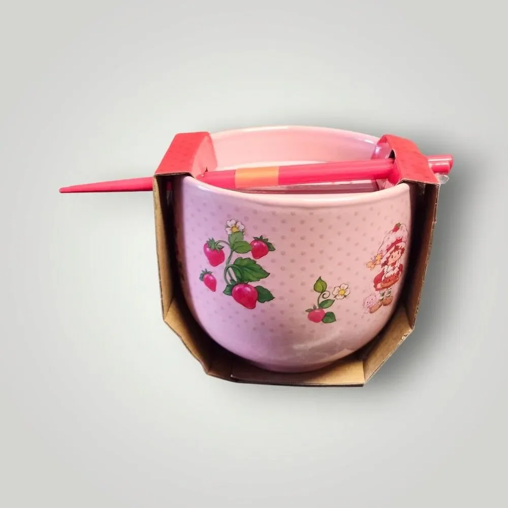 NEW Strawberry Shortcake Pink RAMEN Noodle‎ BOWL with Spoon & Chopsticks